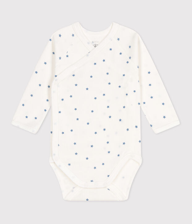 Body crois&eacute;s manches longues en coton b&eacute;b&eacute; blanc/bleu