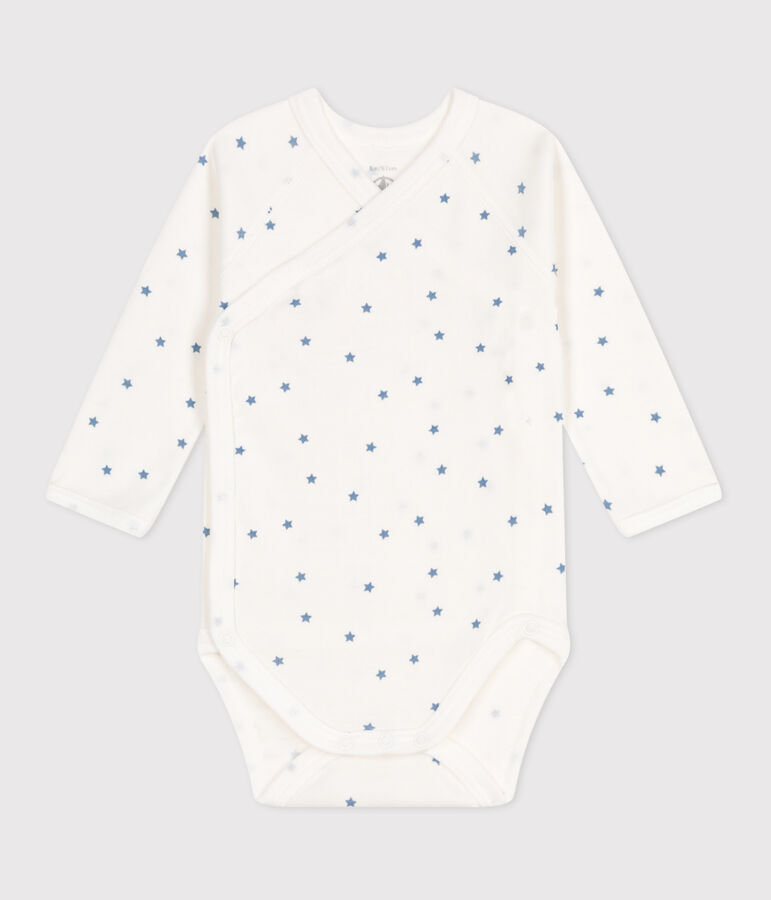 Katoenen overslagbody met lange mouwen voor baby's wit/blauw