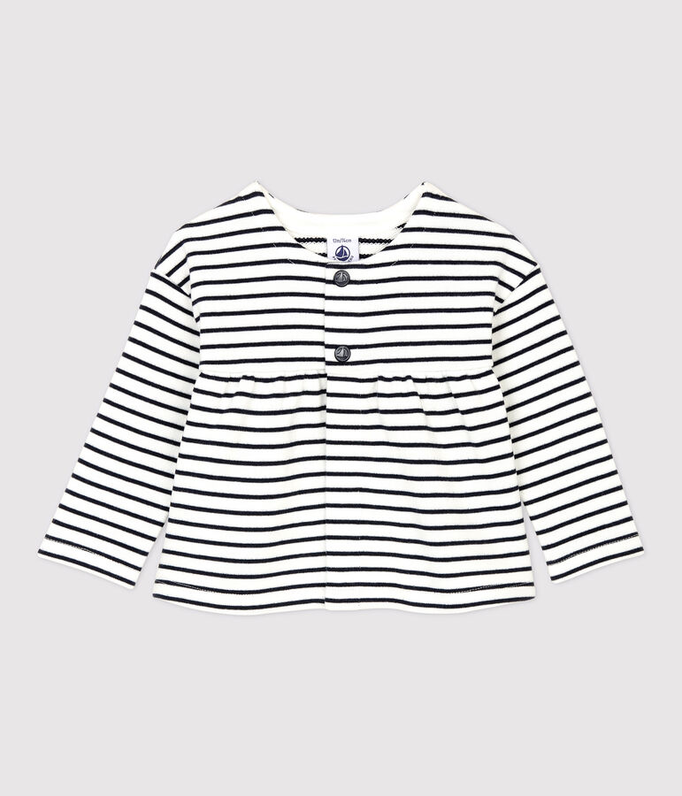 Cardigan en molleton b&eacute;b&eacute;. blanc MARSHMALLOW/bleu SMOKING