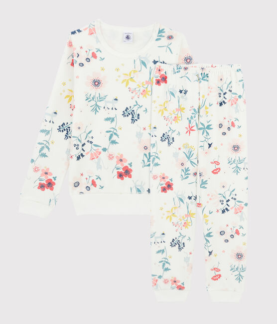 Meisjespyjama van fluweel met bloemen wit MARSHMALLOW/wit MULTICO