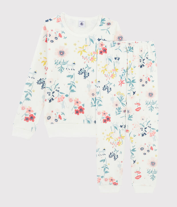 Meisjespyjama van fluweel met bloemen wit/multicouleur