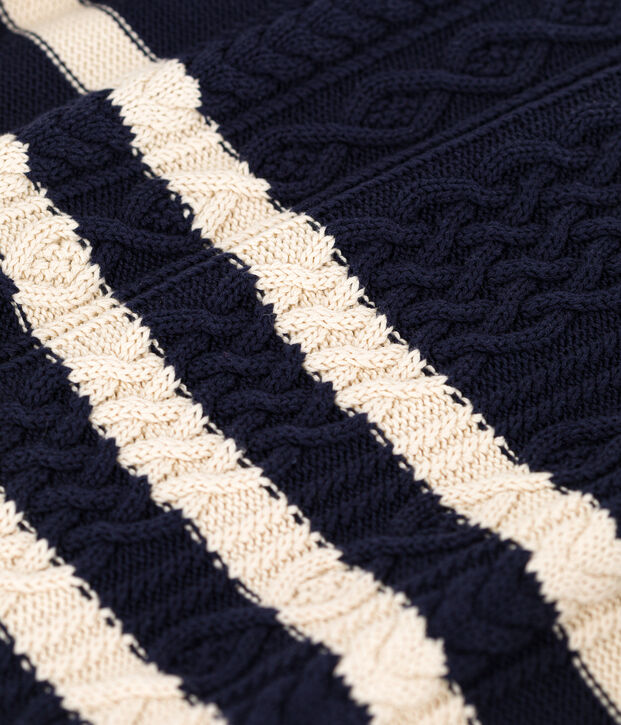 Pull irlandais &agrave; rayures en coton Femme bleu/&eacute;cru