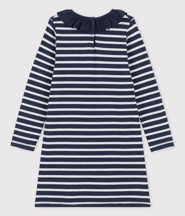 Robe manches longues en coton enfant fille bleu/blanc/gris