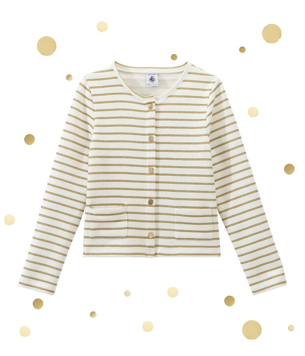 Cardigan enfant fille bi-mati&egrave;re blanc/jaune