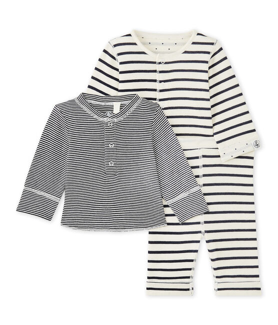 Ensemble bébé 3 pièces réversible beige COQUILLE/bleu SMOKING