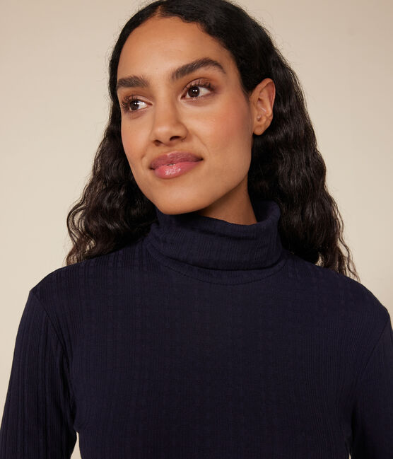 L'ICONIQUE, dames-T-shirt met rolkraag in ribstof blauw SMOKING