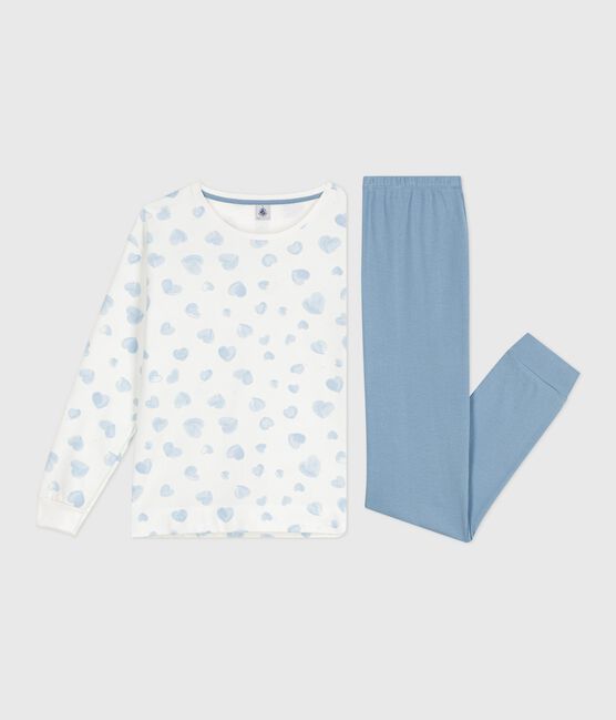 Pyjama femme en coton bi-matière imprimé cœurs bleu ADRIATIC/ MULTICO