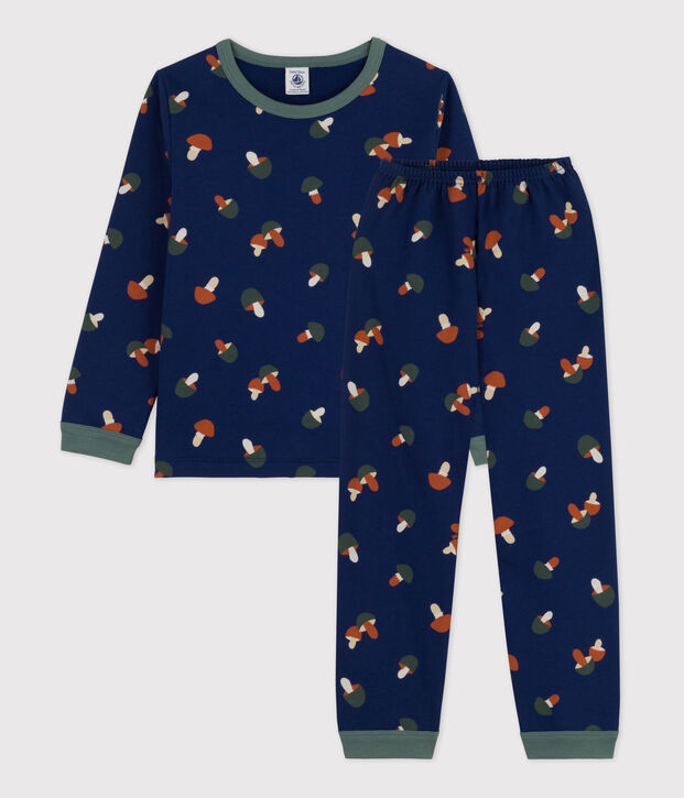 Jongens/meisjespyjama met champignonprint in molton blauw/multicouleur