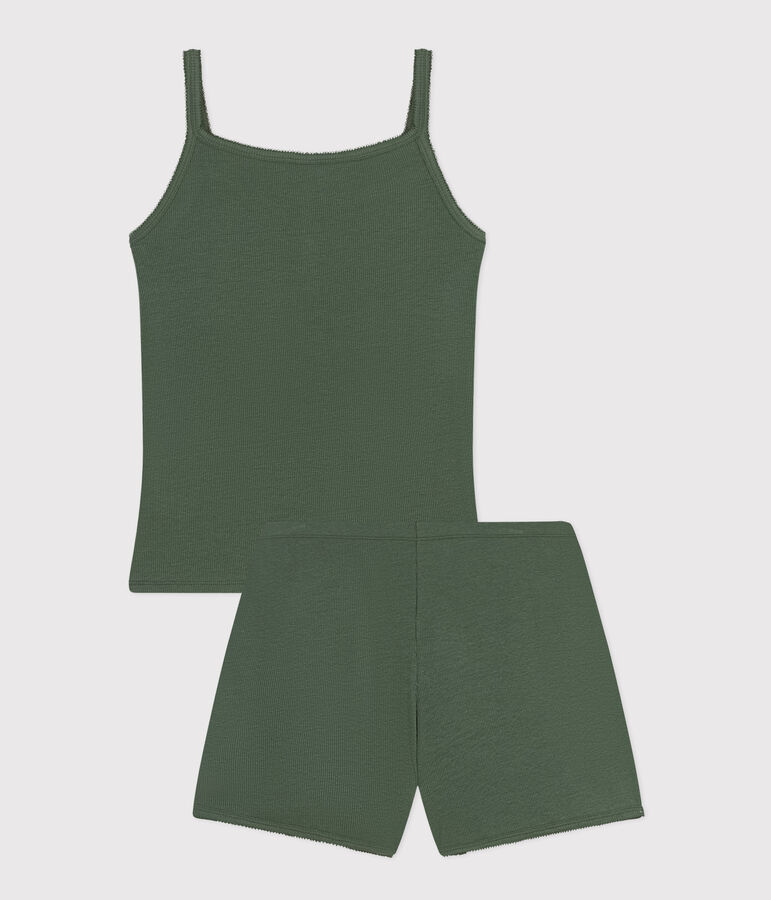 Pyjama short et d&eacute;bardeur uni en coton et lyocell femme vert