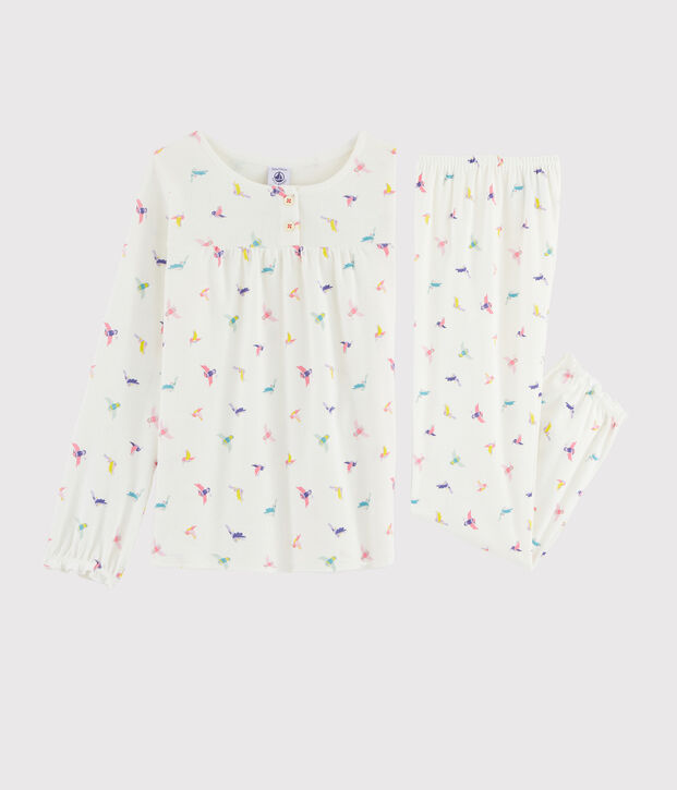 Meisjespyjama met vogelprint van ribtricot wit/multicouleur