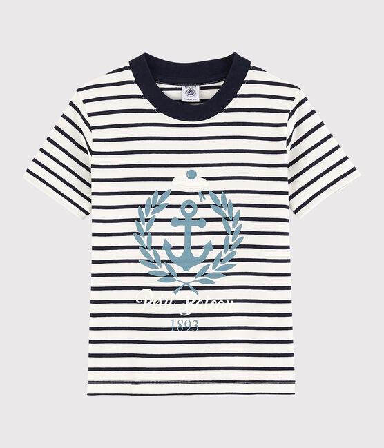 Jersey T-shirt met korte mouwen voor jongens wit MARSHMALLOW/blauw SMOKING