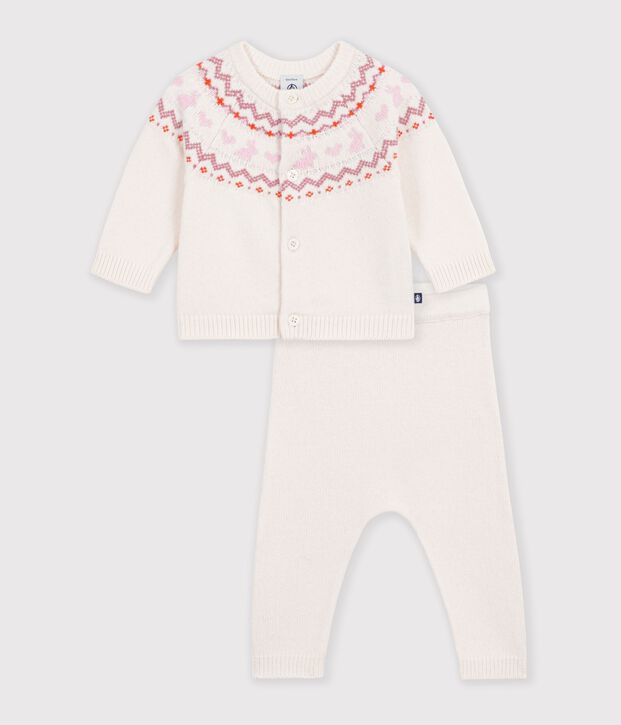 Gebreid babysetje met jacquardmotief. ecru/roze