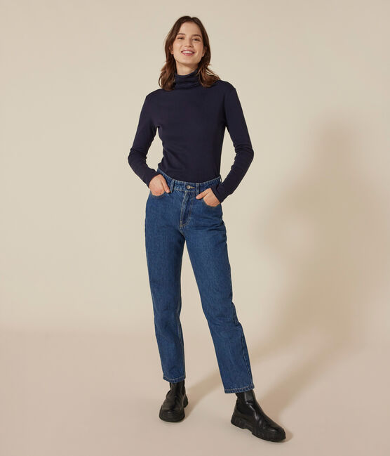 L'ICONIQUE, dames-T-shirt met rolkraag in katoen blauw SMOKING