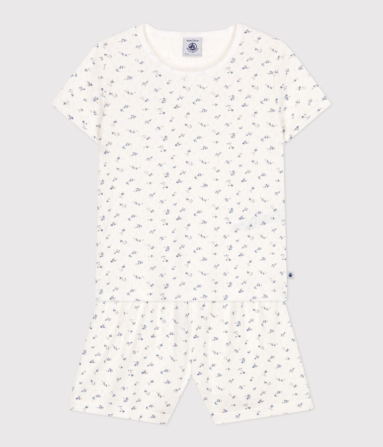 Pyjama short enfant en coton ajour&eacute; imprim&eacute; fleurs blanc/multicouleur