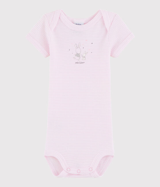 Rompertje met korte mouwen babymeisje - babyjongen roze DOLL/wit ECUME
