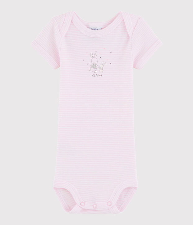 Rompertje met korte mouwen babymeisje - babyjongen roze/wit