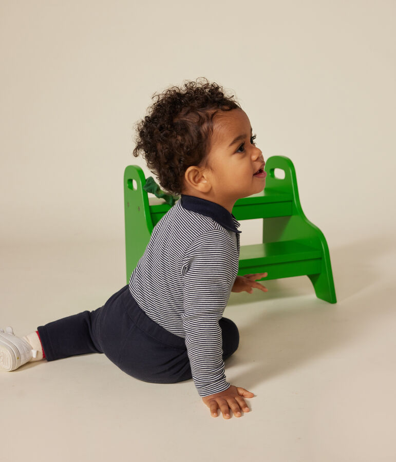 Katoenen babyrompertje met polokraag en strepen blauw/wit