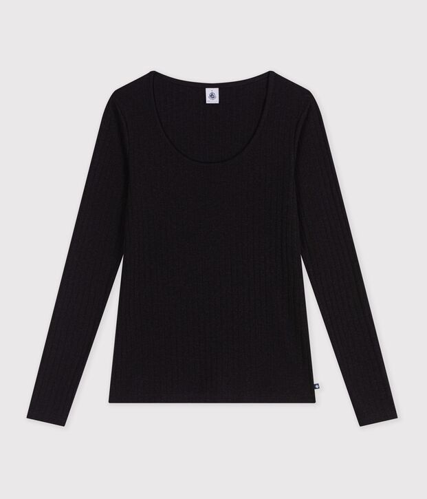 Effen dames-T-shirt van wol en katoen met sierlijke kraag zwart