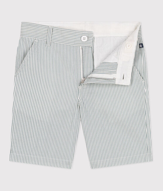 Bermuda short enfant en coton à rayures blanc MARSHMALLOW/bleu BRUT