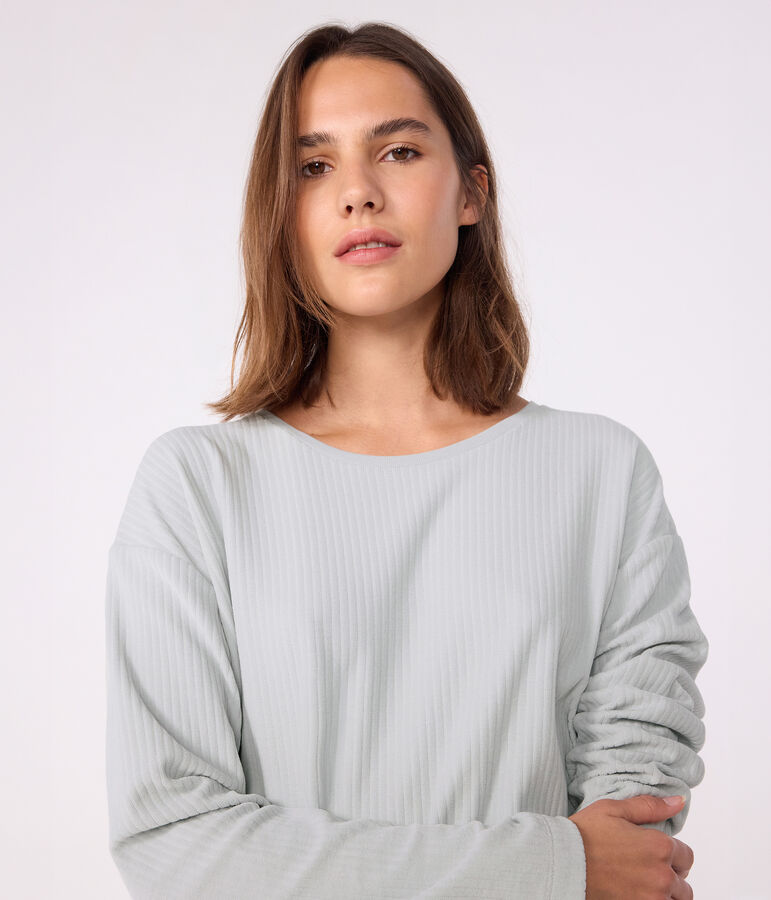 Pyjama femme en velours uni jambe droite bleu