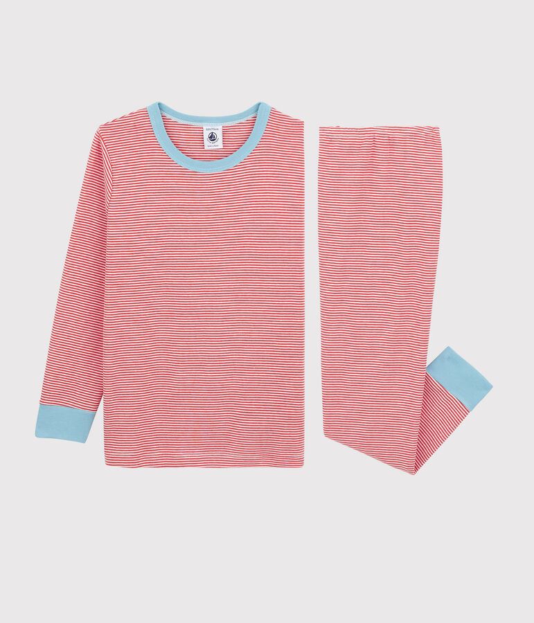 Gestreepte katoenen pyjama voor jongetjes oranje OURSIN/wit MARSHMALLOW