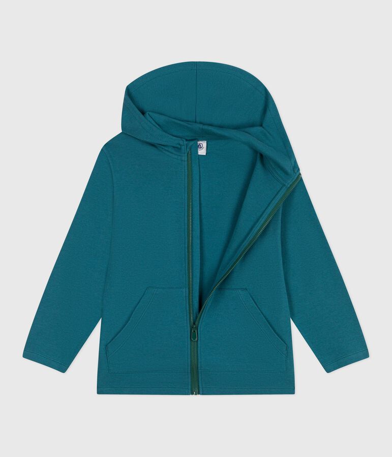 Sweatshirt zipp&eacute; &agrave; capuche enfant en coton uni vert