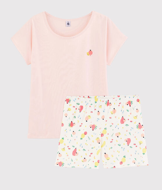 Pyjacourt met zomerfruitprint voor meisjes - dames, van biologisch katoen roze FLEUR/wit MULTICO