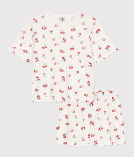 Korte katoenen damespyjama met vruchtenprint wit MARSHMALLOW/wit MULTICO