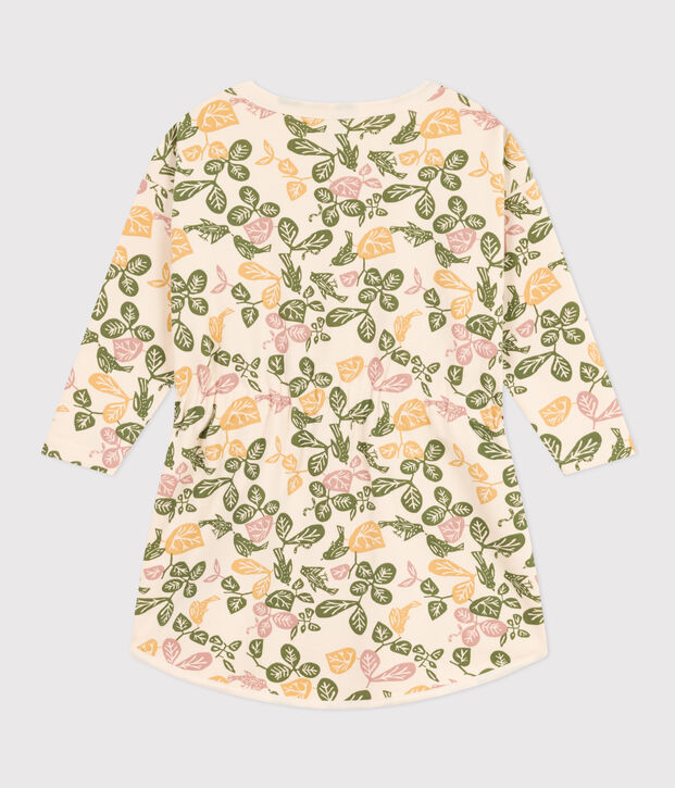Meisjesjurk met lange mouwen in fleece met print ecru/roze/multicouleur