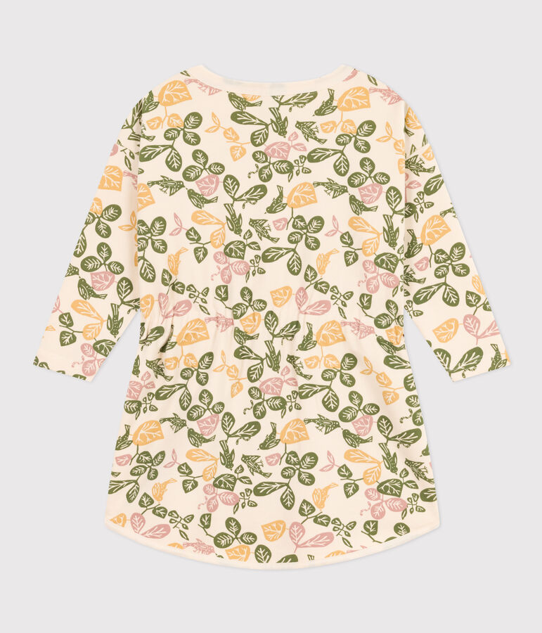 Meisjesjurk met lange mouwen in fleece met print ecru/roze/multicouleur