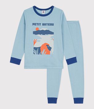 Kinderpyjama van effen katoen met savannemotiefje blauw