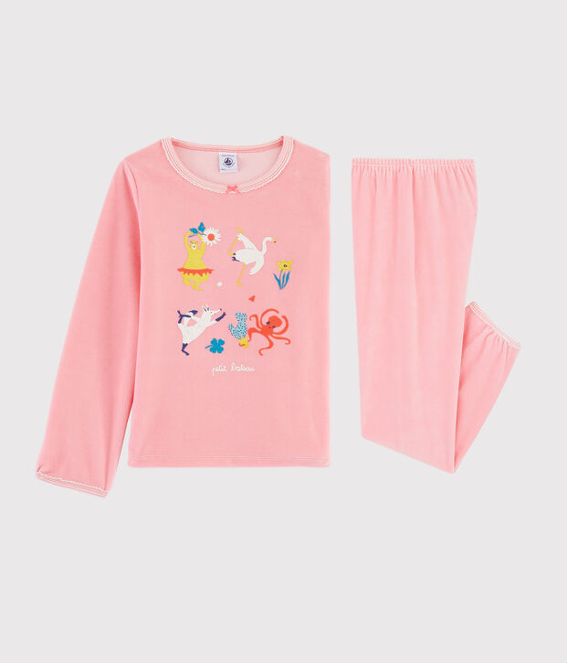 Pyjama rose animaux yoga petite fille en velours rose