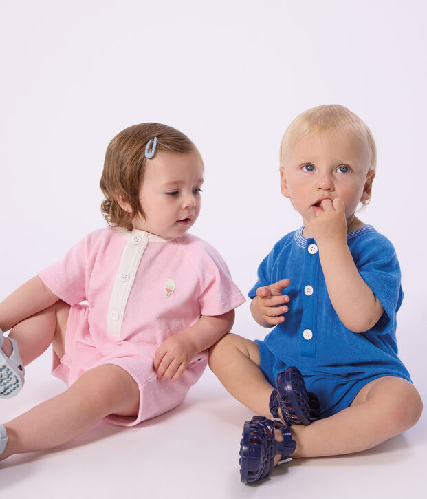 Combinaison courte b&eacute;b&eacute; en coton unie bleu