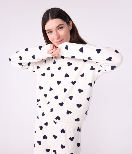 Pyjama femme en coton éponge imprimé cœurs bleu MILK/ SOIR