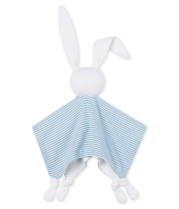 Doudou lapin b&eacute;b&eacute; en c&ocirc;te bleu/blanc