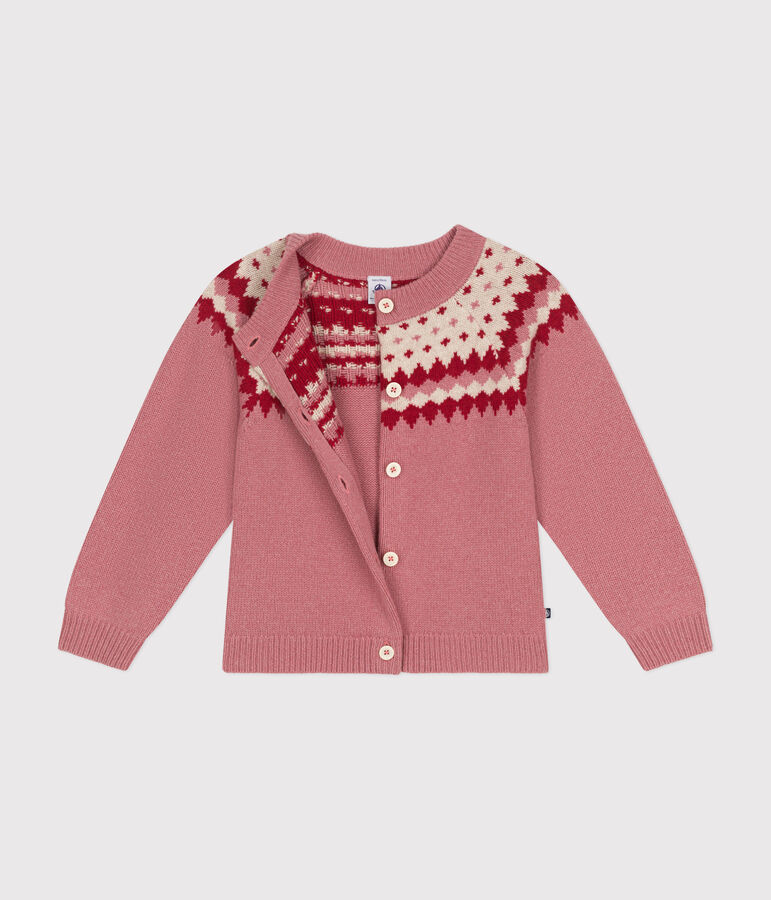Cardigan jacquard laine et coton enfant fille rose/&eacute;cru