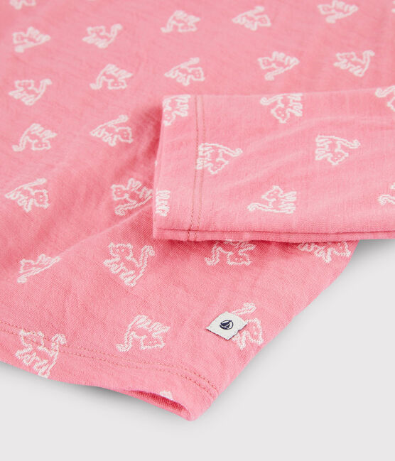 Jacquard meisjespyjama van wol en katoen met katten roze CHEEK/wit MARSHMALLOW