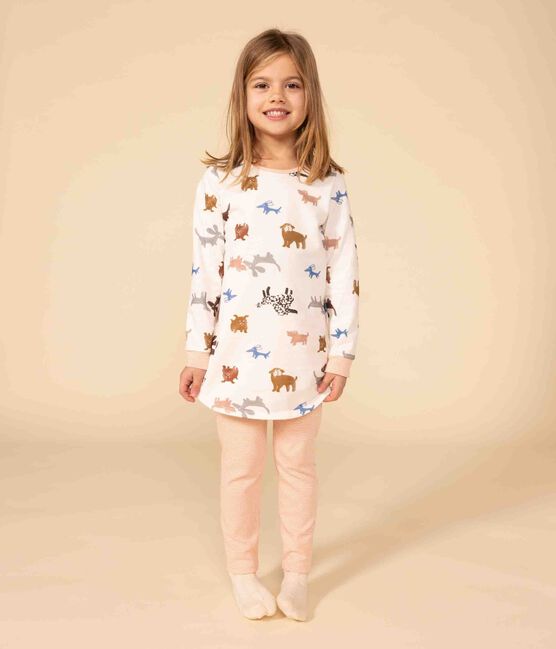 Nachthemd met hondenprint in molton voor meisjes wit MARSHMALLOW/wit MULTICO