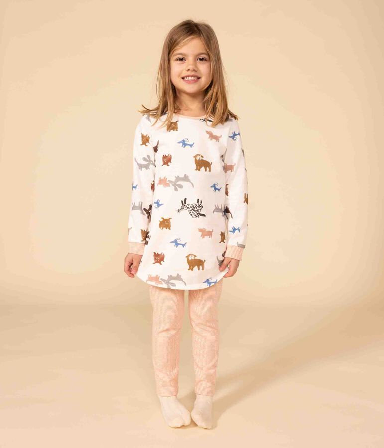 Chemise de nuit chien petite fille en molleton blanc/multicouleur