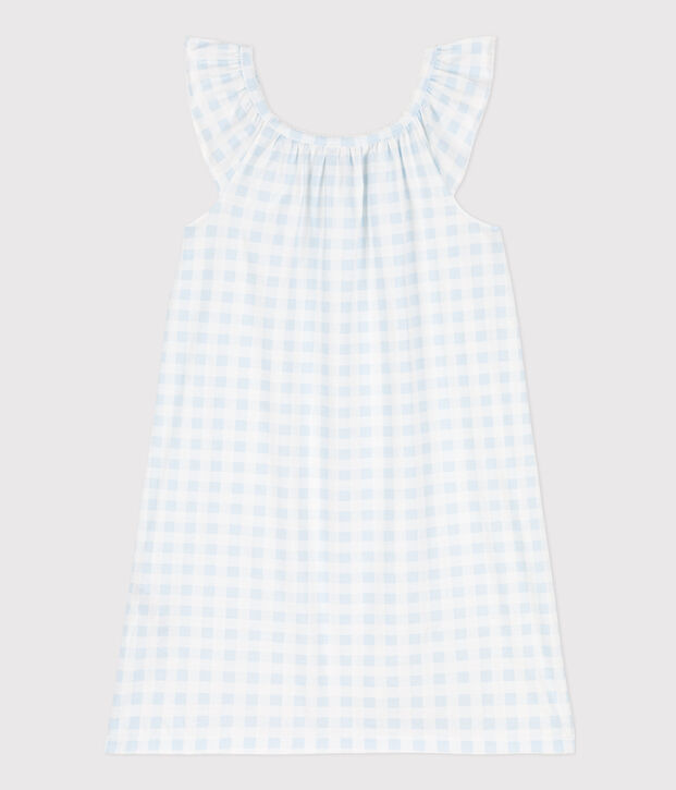 Chemise de nuit imprim&eacute; vichy en coton fin petite fille blanc/bleu