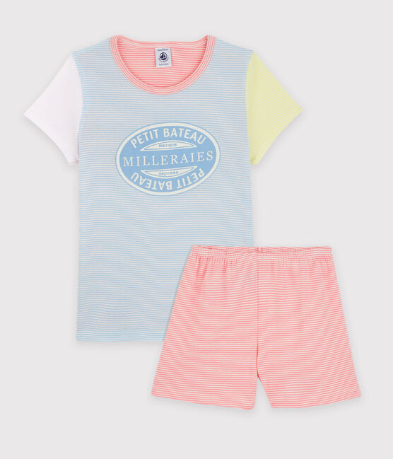 Pyjacourt milleraies colorés petite fille en coton bleu JASMIN/blanc MULTICO