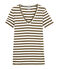 T-shirt femme col V en côte originale rayée marron SHITAKE/blanc MARSHMALLOW