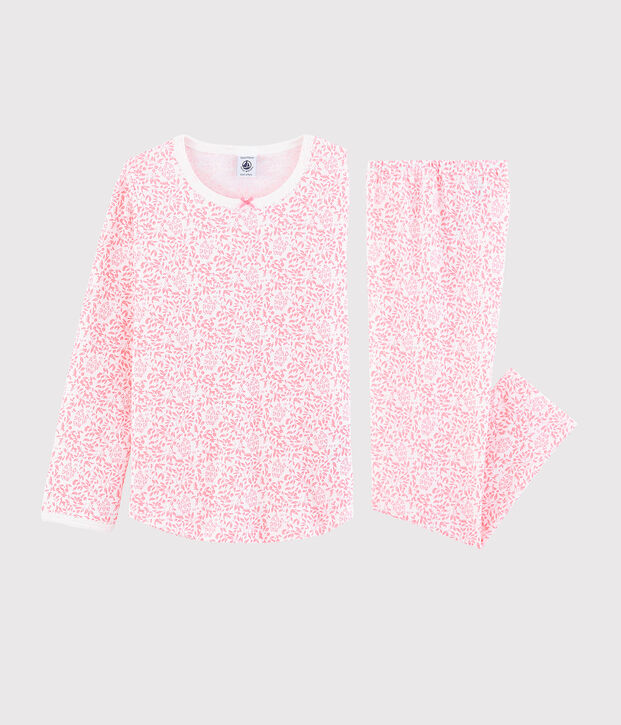 Meisjespyjama met roze bloem in ribkatoen wit/roze