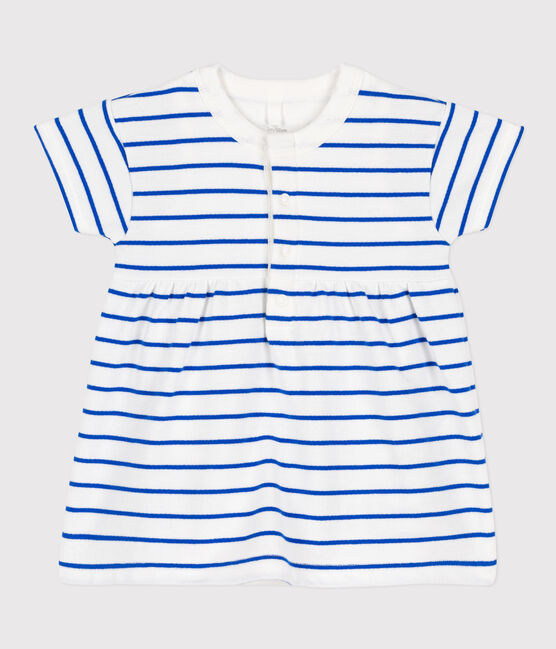 Jurk van molton met geïntegreerde body voor baby's wit MARSHMALLOW/blauw PERSE