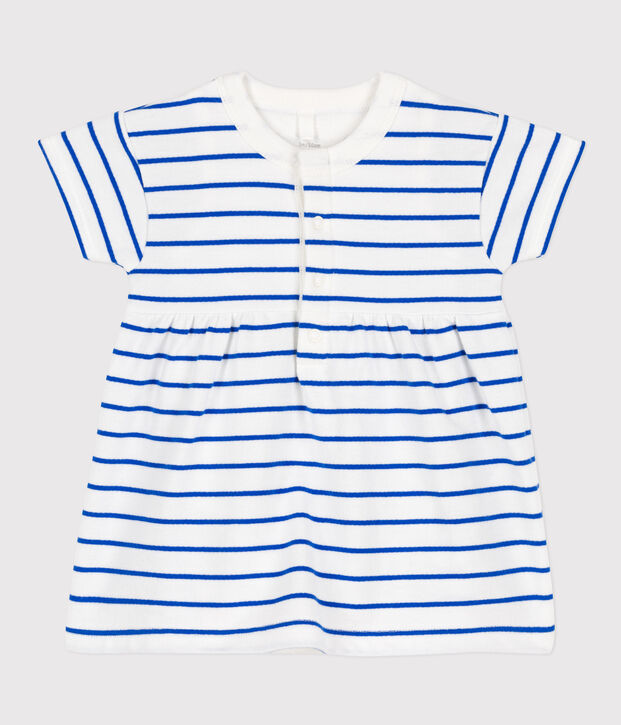 Jurk van molton met ge&iuml;ntegreerde body voor baby's wit/blauw