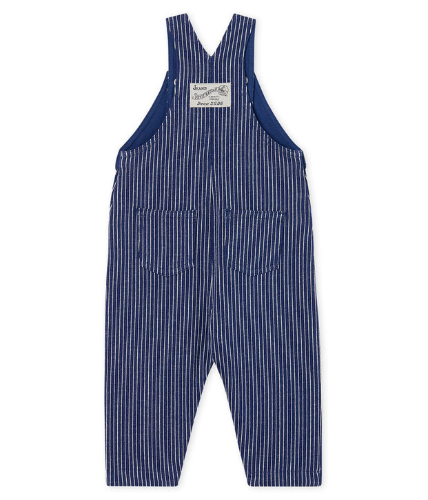 Lange salopette van gestreepte mesh babyjongen blauw/wit