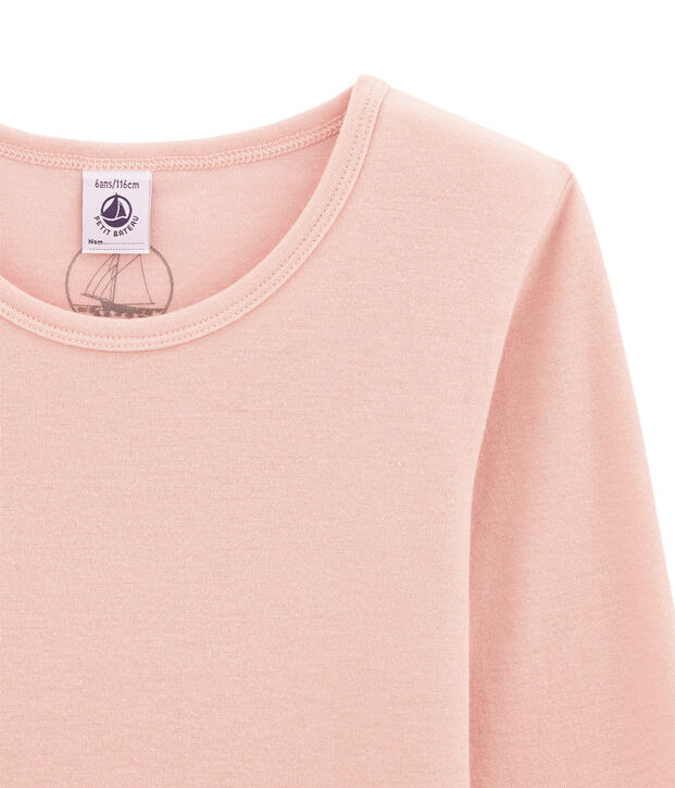 tee-shirt manches longues petite fille en laine et coton rose clair
