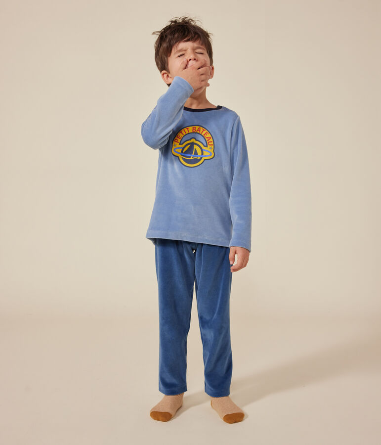 Pyjama uni en velours enfant bleu/bleu