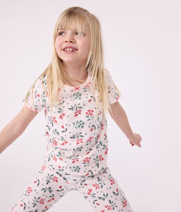 Pyjama capri enfant en coton imprim&eacute; fleuri rose/multicouleur