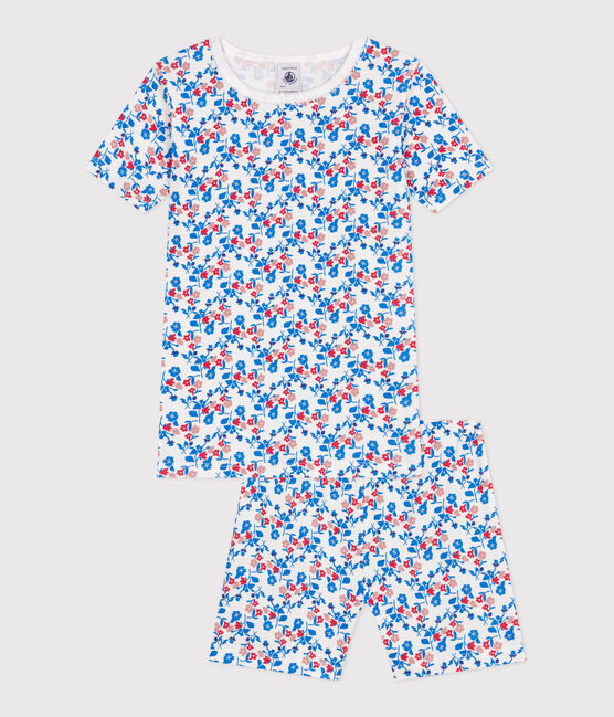 Pyjama short très ajusté enfant en coton fleuri blanc MARSHMALLOW/blanc MULTICO